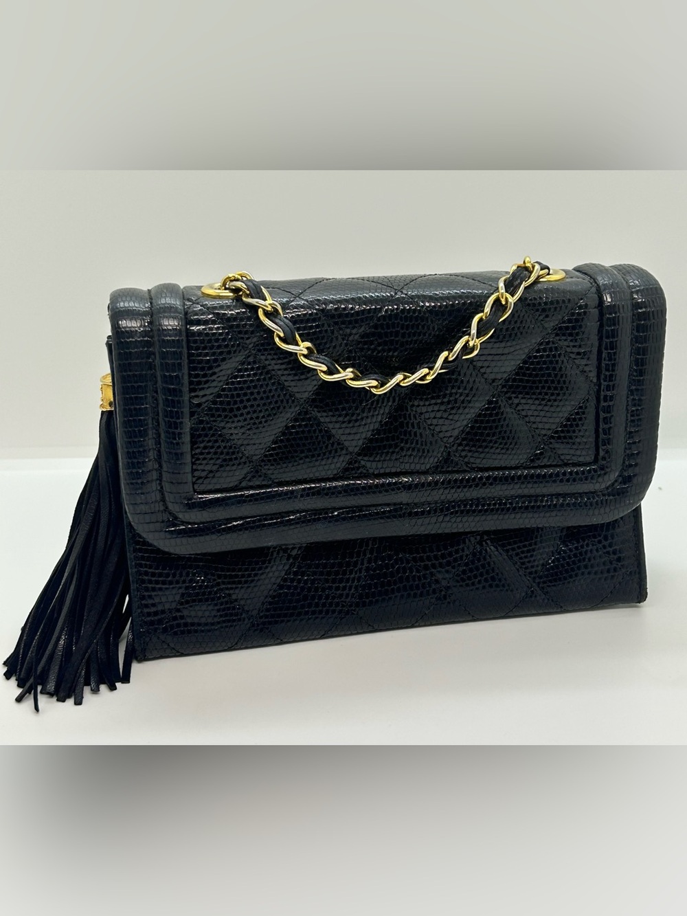 CHANEL Vintage RARE Black Lizard Exotic Small Flap Shoulder Bag Gold Chain